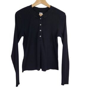 NSF Black Long Sleeve Henley‎ Ribbed Knit Top Women's Size Small Made in USA